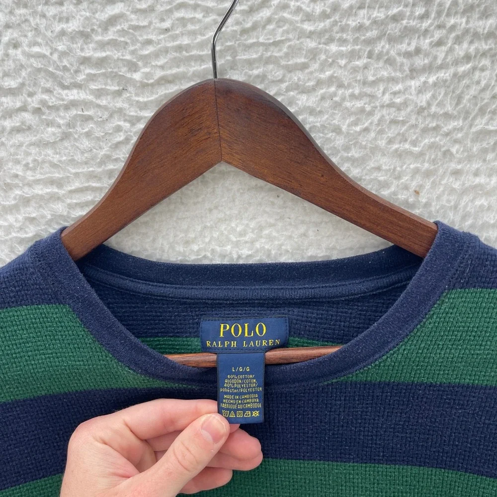 Polo Ralph Lauren Shirt Mens L Blue Green Thermal Waffle Knit Striped Outdoor